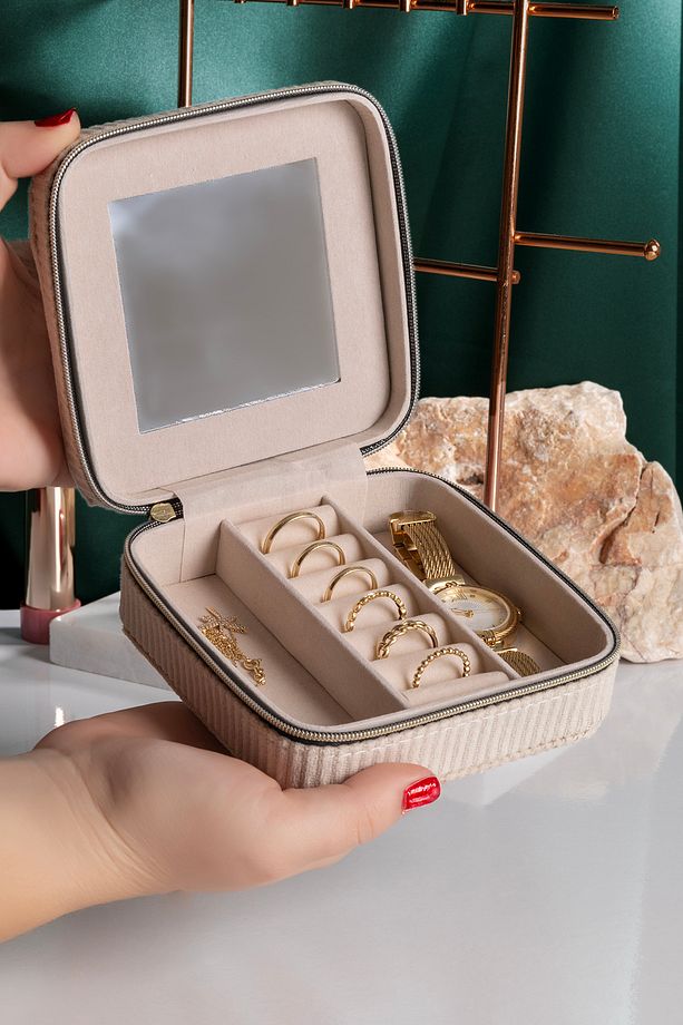 Kare Aynalı Ekru Fitili Kadife Mücevher, Organizer, Takı Kutusu 12 X 12 X 5 Cm - 1
