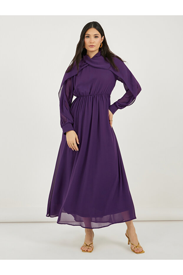 High Neck Draped Detail A-Line Maxi Dress