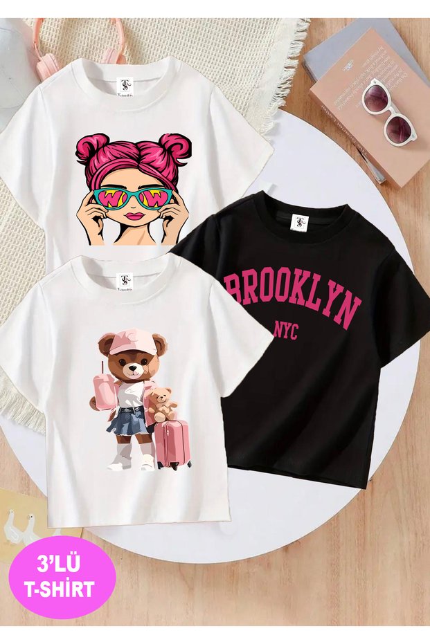 Girl Printed 3 Pack Black-White Girl's T-Shirt
