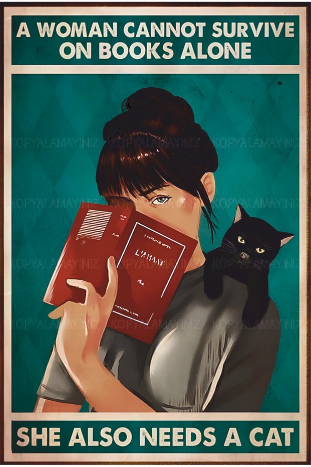 Woman Reading a Book and Black Cat Home Decoration Painting Retro Wood Poster