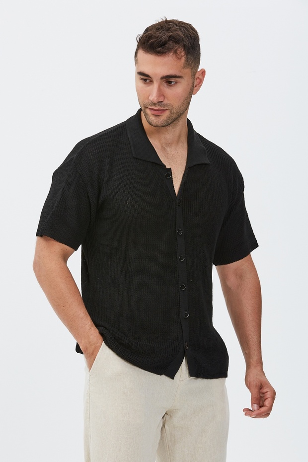 Polo Neck Button Front Short Sleeve Knitwear T-Shirt