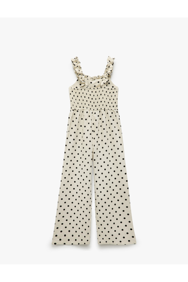 Polka Dot Square Neck Linen Blended Strap Long Jumpsuit - 2