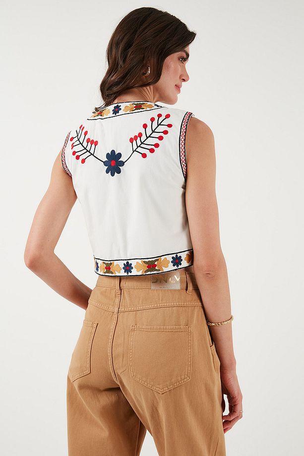 Pamuklu Regular Fit Çiçekli Nakış işlemeli Crop Yelek YELEK 676237 - 8