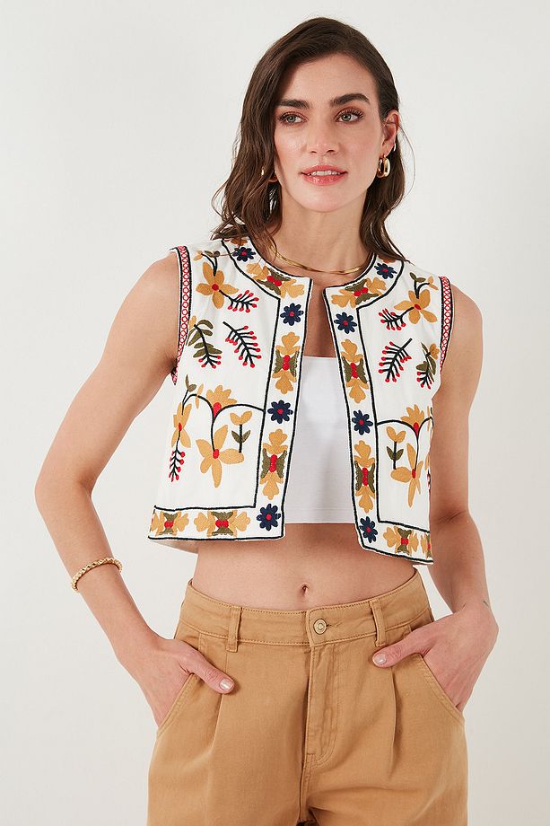 Pamuklu Regular Fit Çiçekli Nakış işlemeli Crop Yelek YELEK 676237 - 6