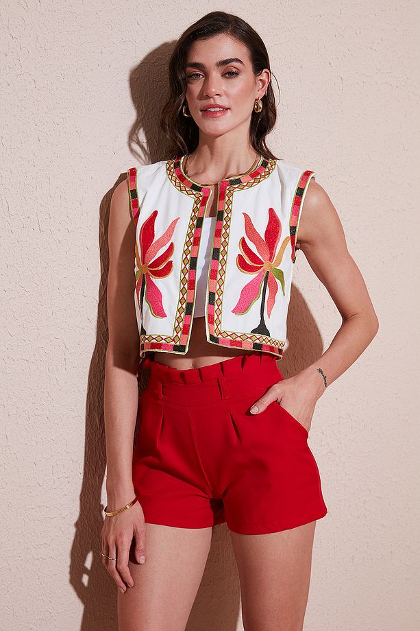 Pamuklu Regular Fit Çiçekli Nakış İşlemeli Crop Yelek YELEK 676291 - 1