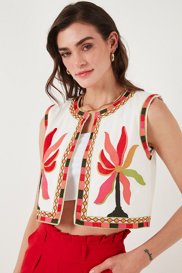 Pamuklu Regular Fit Çiçekli Nakış İşlemeli Crop Yelek YELEK 676291 - 5