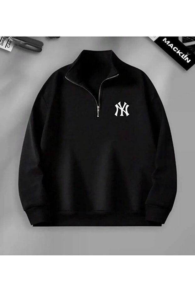 Unisex Half Zippered Ny Printed Black Sweatshirt