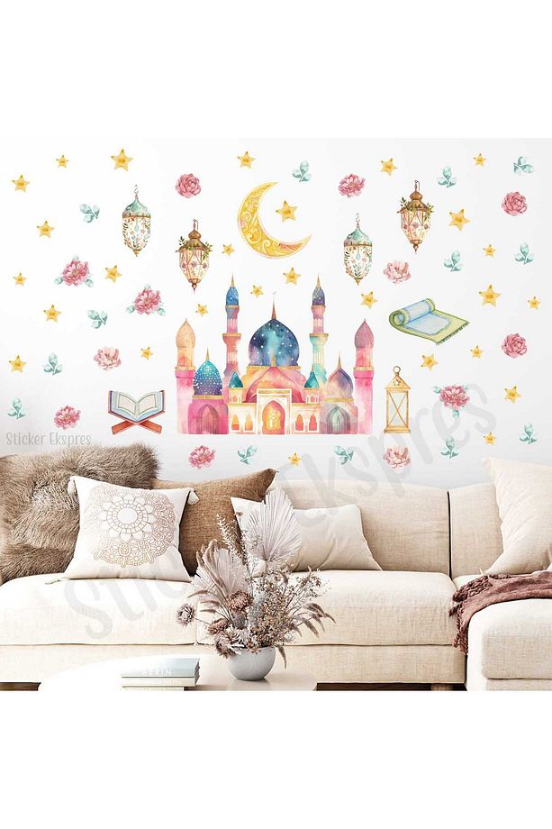 Renkli Suluboya Cami Fenerler Ve Çiçekler Duvar Cam Kapı Sticker Seti / Ramazan Süsleri - 2