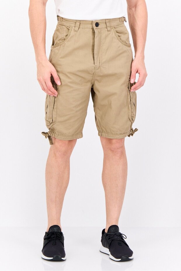 Men Solid Cargo Shorts, Tan - 1