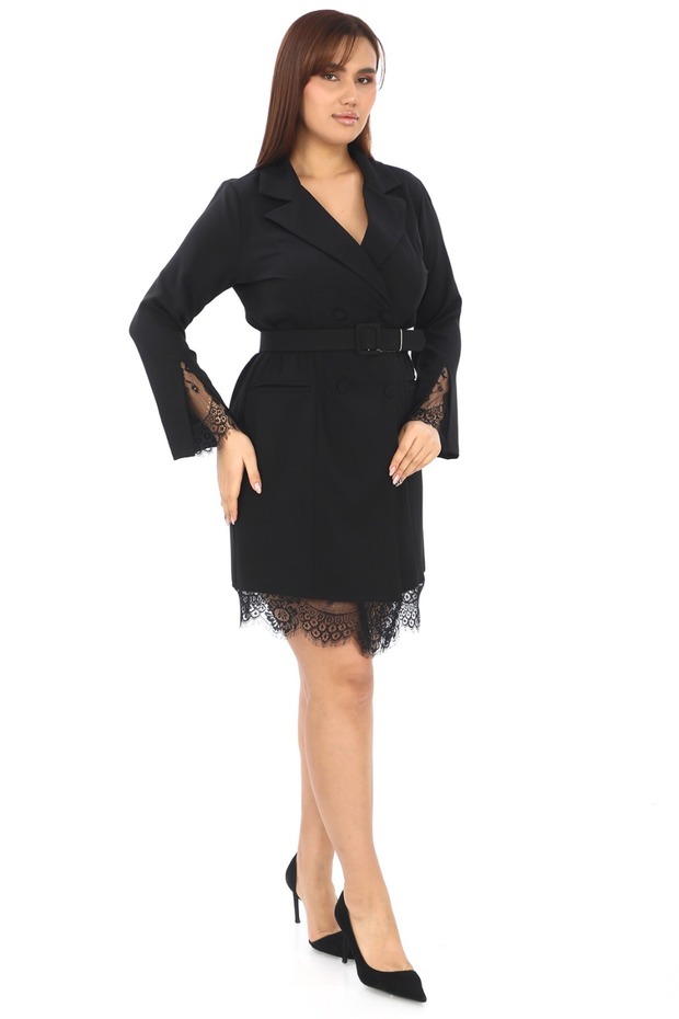 Double-Breasted Neck Lace Detailed Belted Black Women's Jacket 7084