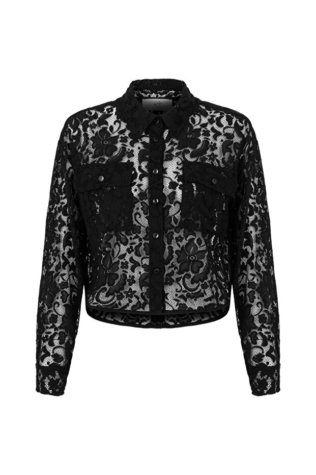 Crop Siyah Gömlek (Dantel) - 1