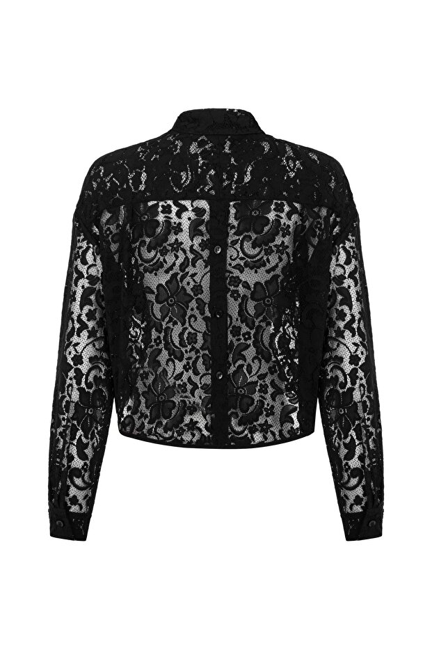Crop Siyah Gömlek (Dantel) - 2