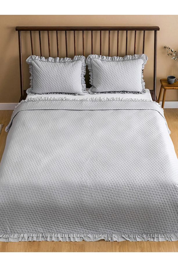 LCW HOME Gri Fırfır Detaylı Çift Kişilik Yatak Örtüsü Seti 200x220 cm - 1