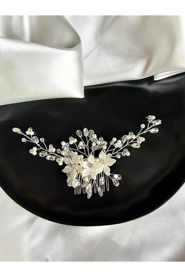 White Crystal Beaded Floral Scalloped Side Buckle Bridal Promise Henna Wedding Engagement Wedding Evening Dress Buckle