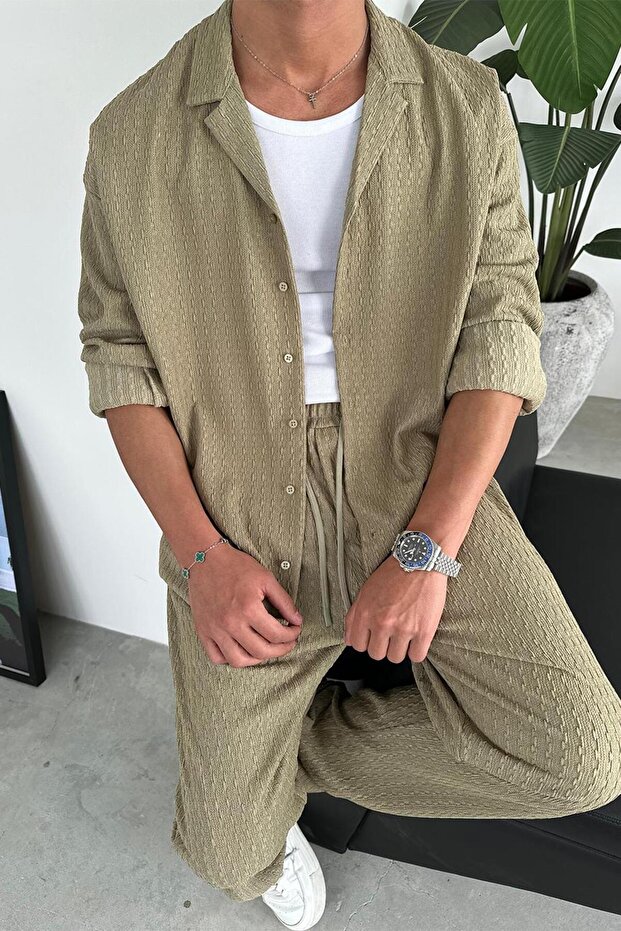 Haki Örme Desenli Relaxed Gömlek - 1