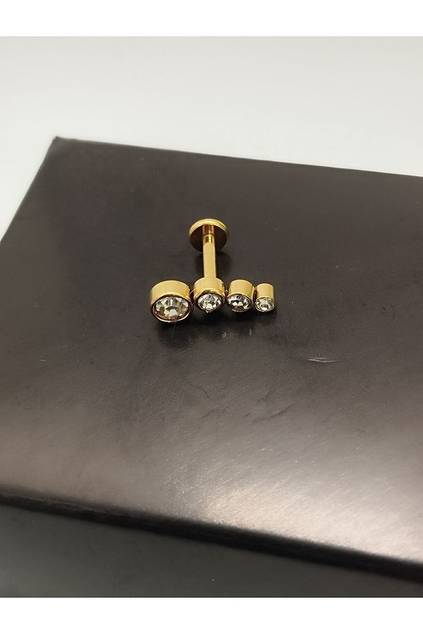 Cerrahi Çelik Dört Taş Altın Tragus Helix Conch Piercing - 3