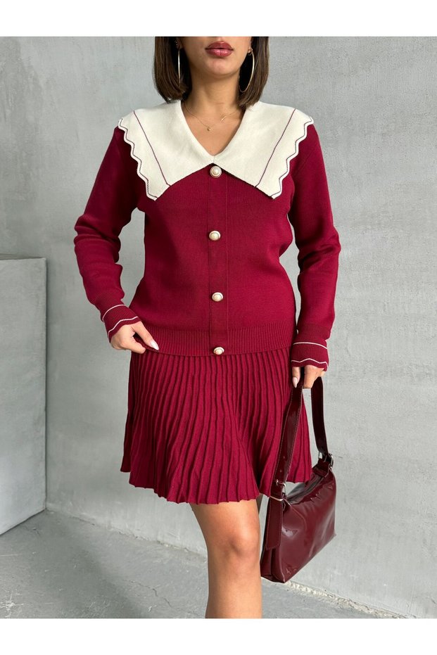 Women's Burgundy Stylish Lapel Detailed Cardigan Blouse Skirt Bottom Top Double Set
