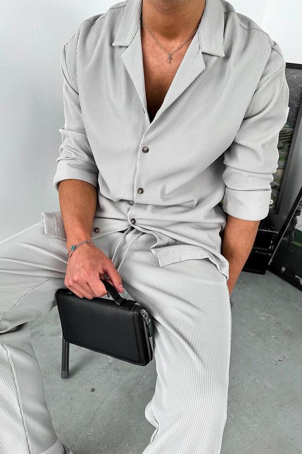 Gri Basic Fitilli Likralı Relaxed Gömlek - 7