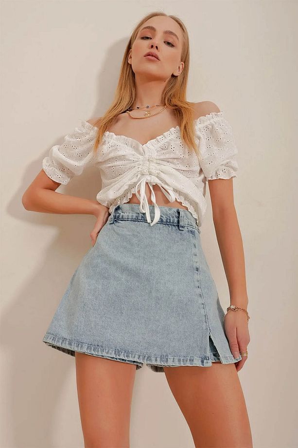 Mini Yırtmaçlı Denim Kot Şort Etek - 1
