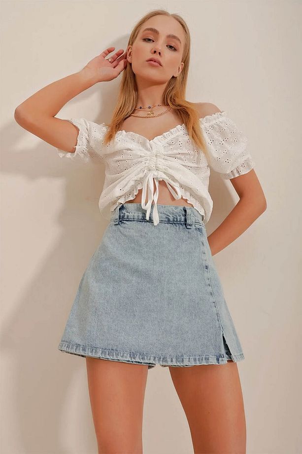 Mini Yırtmaçlı Denim Kot Şort Etek - 2