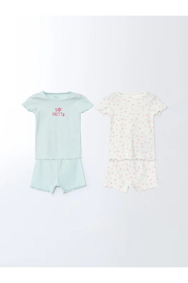 LCW baby Yeşil Bisiklet Yaka Çiçekli Kız Bebek Şortlu Pijama Takım 2'li - 1