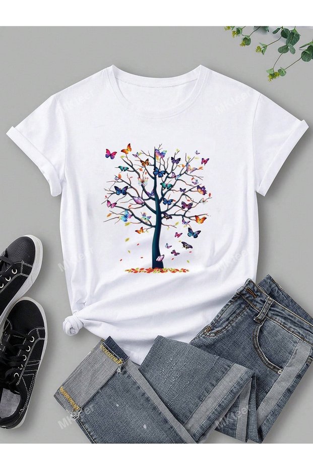 Women's White Butterfly Tree Printed Oversize T-Shirt
