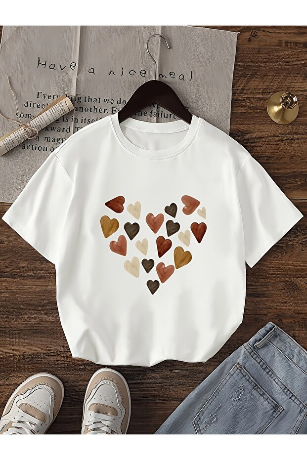 Mini Heart Printed Printed Crew Neck Tshirt for Girls Kids