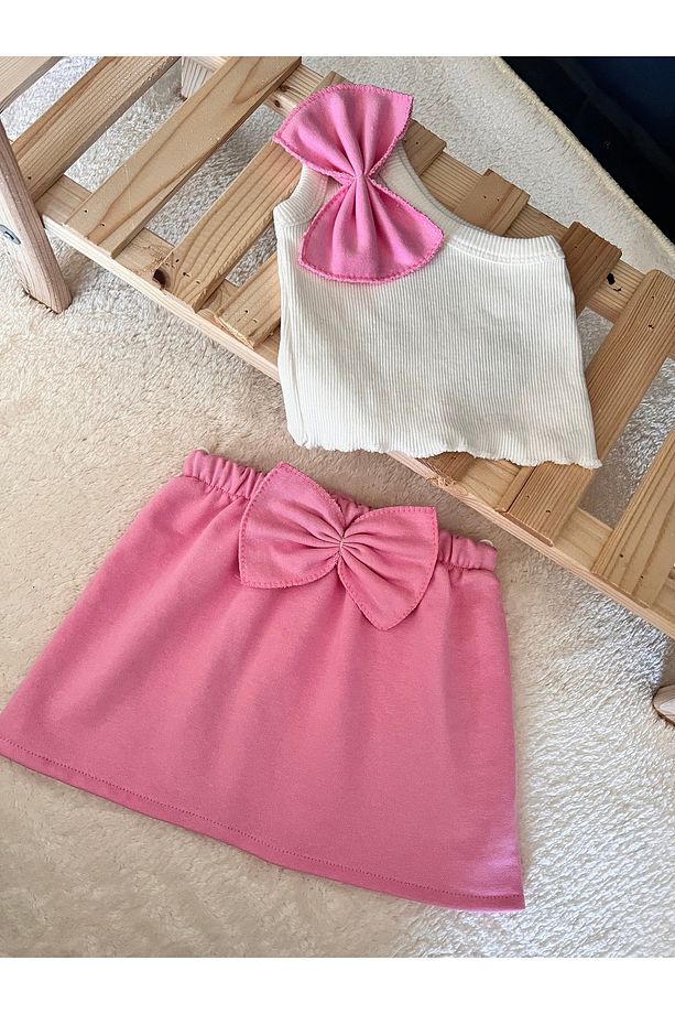 PEMBE BEBEK ÇOCUK TEK KOL CROP ETEK SETi TAKIMI YAZLIK TAKIM - 1