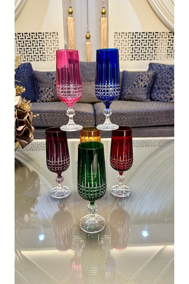 BOHEMİA Kristal Sterna Renkli Ayaklı Kesme El İşi Kahve Yanı Su Bardağı - 1