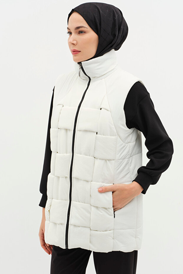 Örgü Model Kapitone Yelek - Ekru - 3