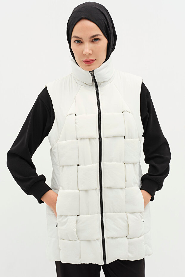 Örgü Model Kapitone Yelek - Ekru - 2