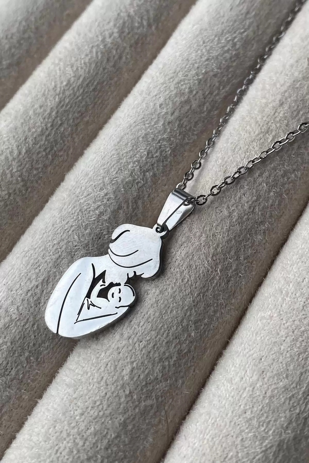 Anne Çocuk Figürlü Çelik Kolye - 2