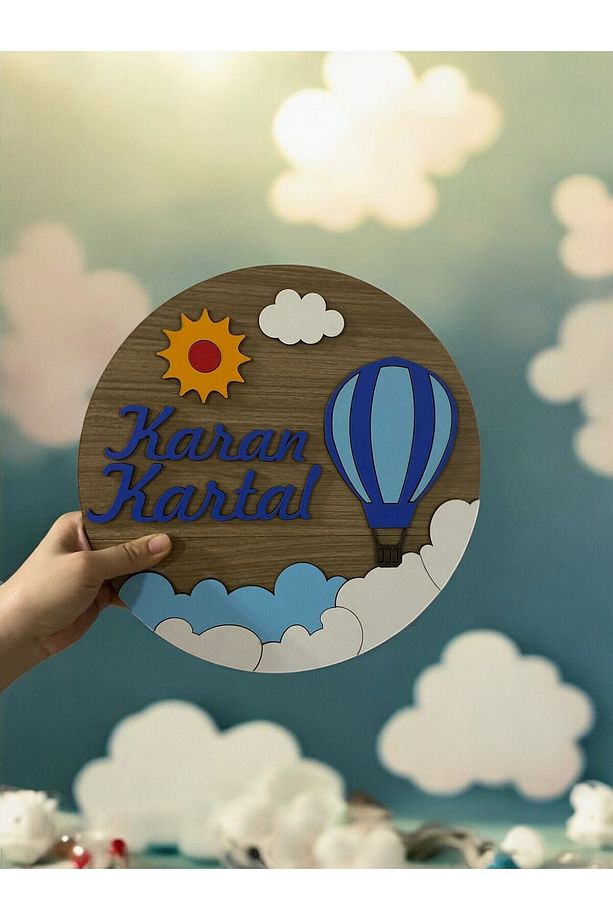 Gökyüzü Balon Desenli Kişiye Özel Çocuk ve Bebek Odası  Ahşap Kapı ve Duvar Süsü. - 1