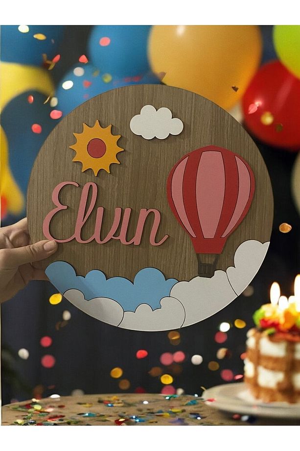 Gökyüzü Balon Desenli Kişiye Özel Çocuk ve Bebek Odası  Ahşap Kapı ve Duvar Süsü. - 2