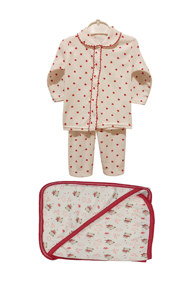 Gift Baby Girl Set Heart Printed Pajama Set (0 - 3) Moon and Teddy Bear Printed 80X90 Blanket