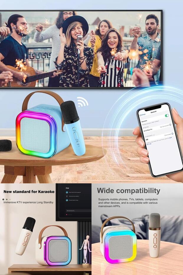 Eğlenceyi Yanınızda Taşıyın LED Işıklı Bluetooth Hoparlör ve Kablosuz Mikrofon Setiyle Karaoke Keyfi - 7