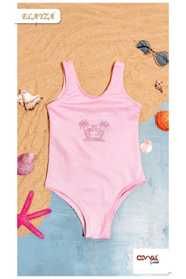 Press Printed Embroidered Pallemy and Pellican Patterned Stones Pleated Licra Girl's Swimwear