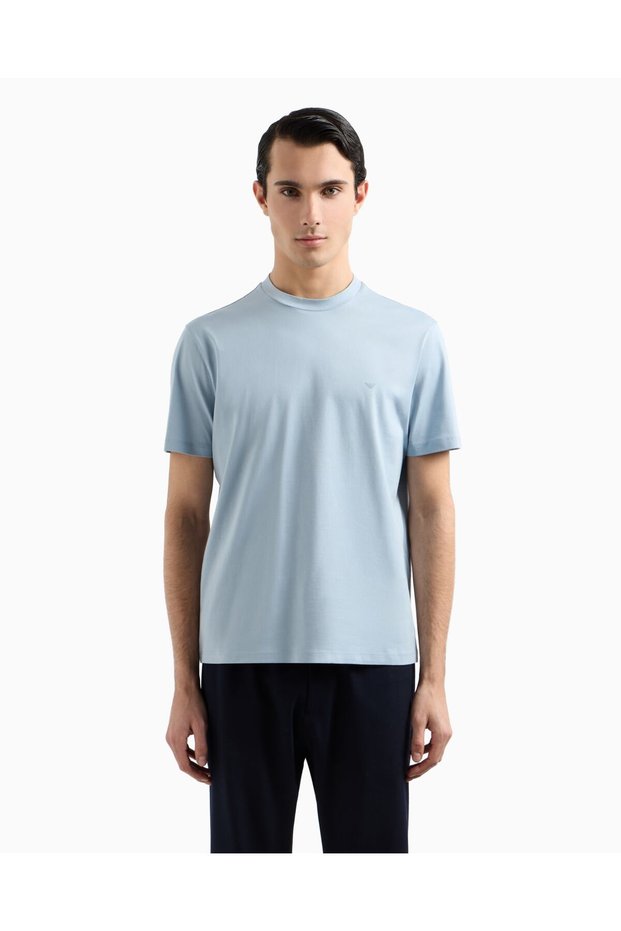 Men's 100% Cotton Regular Fit Round Collar Short Sleeve Blue T-Shirt Em000983 Af13669-U9275