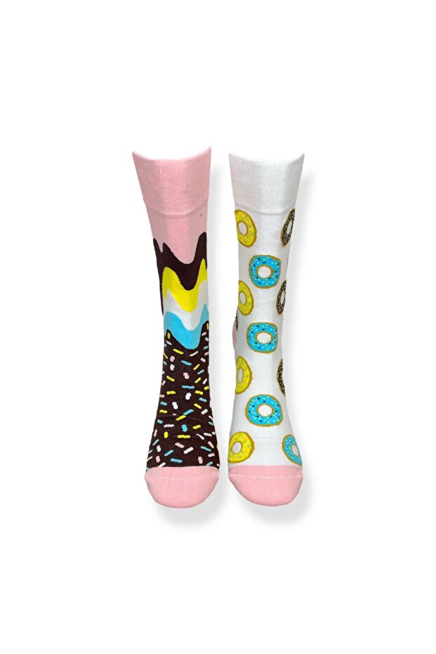 Tekli Unisex Donut Desenli Beyaz Renkli Esnek Nem Alabilen Pamuklu Çorap - 4