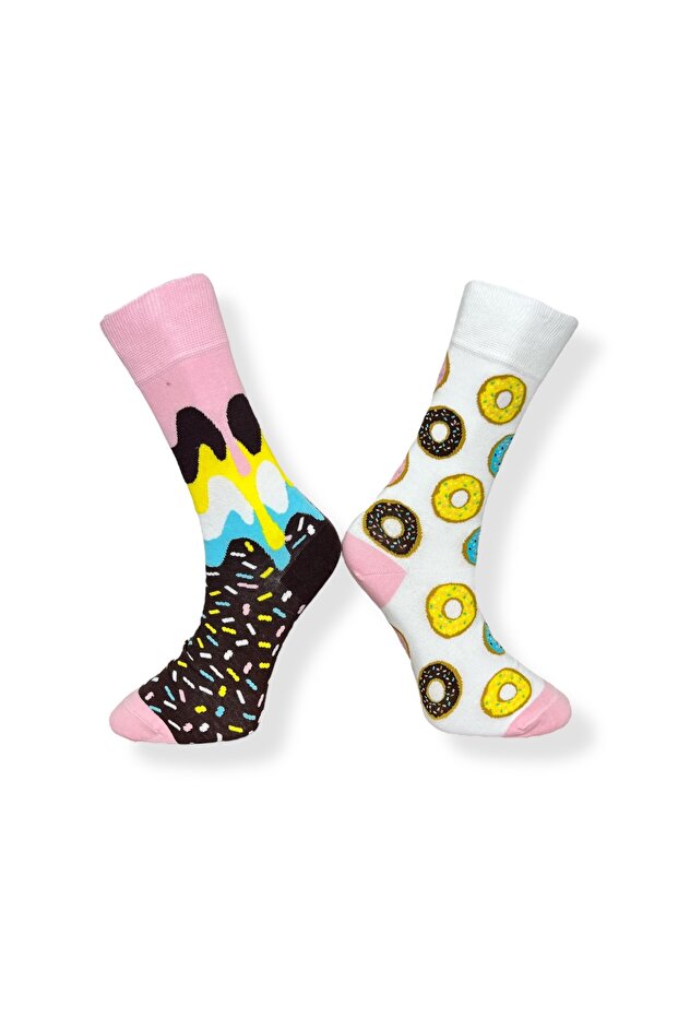 Tekli Unisex Donut Desenli Beyaz Renkli Esnek Nem Alabilen Pamuklu Çorap - 2