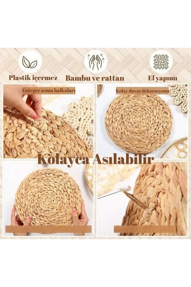 7 Parça Rattan Bambu Hasır Duvar Sepeti Bohem Hasır Duvar Süsü 7'li Hediyelik Supla Seti - 2