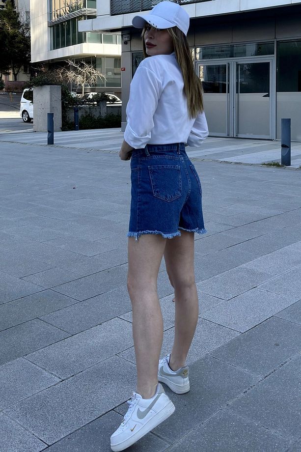 Kadın Laci Püsküllü Paça, Yüksek Bel, Rahat Denim-Kot Şort - 3
