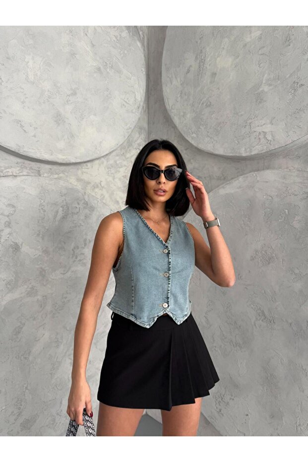 Buttoned V-Neck Denim Vest - 2