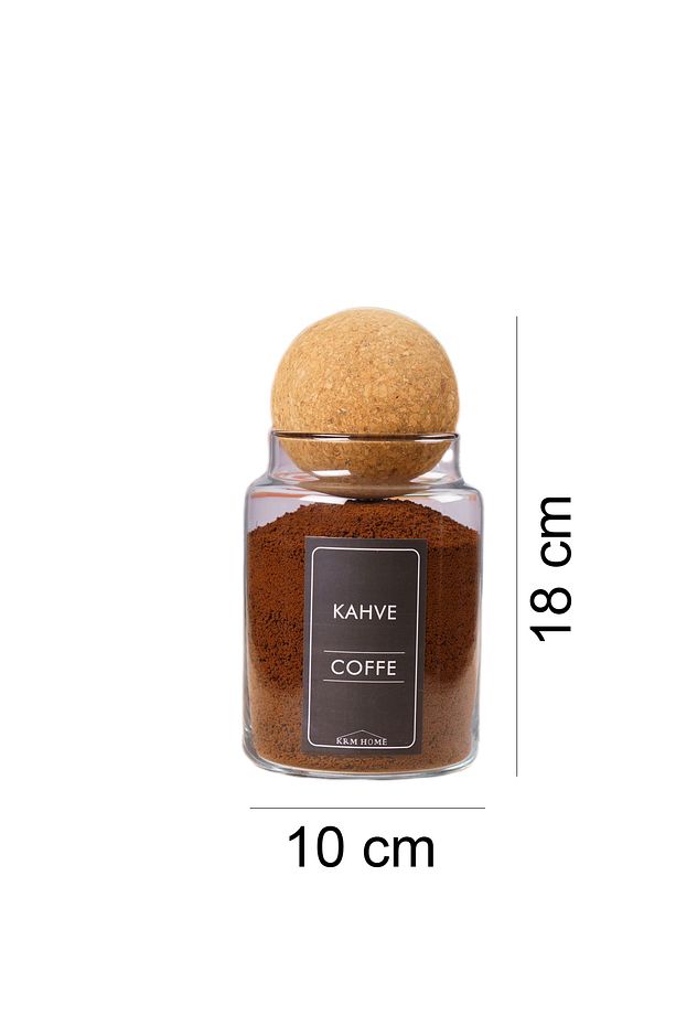 3 Adet 800 ml Çay, Kahve Ve Şeker Cam Kavanoz Seti - Top Mantar Kapaklı Siyah Etiketli - 3
