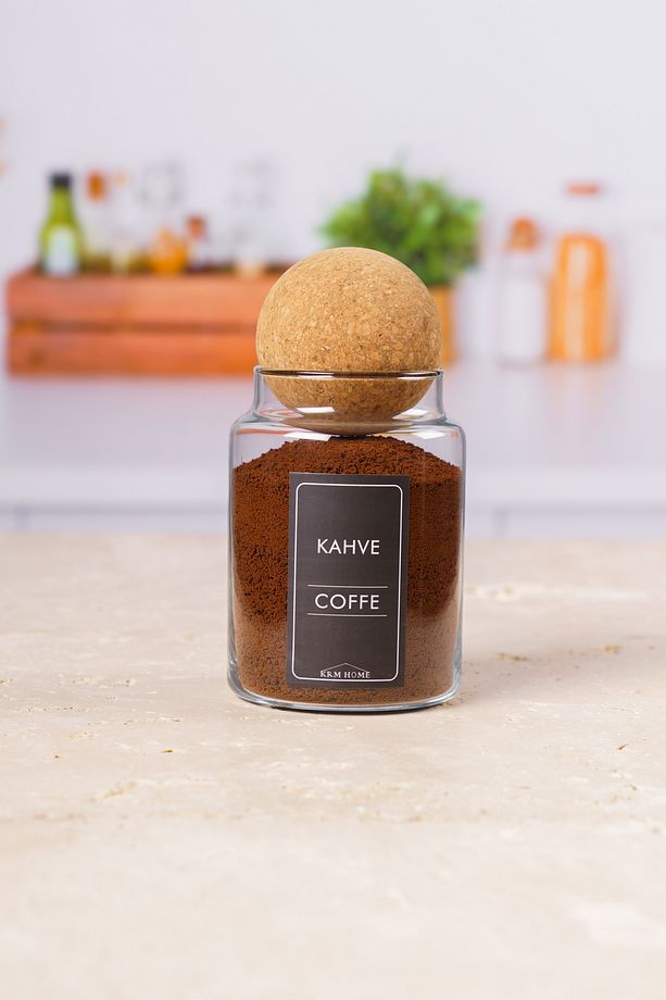 3 Adet 800 ml Çay, Kahve Ve Şeker Cam Kavanoz Seti - Top Mantar Kapaklı Siyah Etiketli - 4