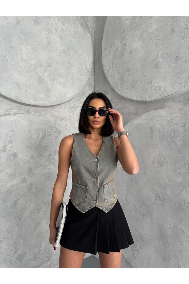 DÜĞMELİ V YAKA KAHVE TİNT DENIM YELEK - 3