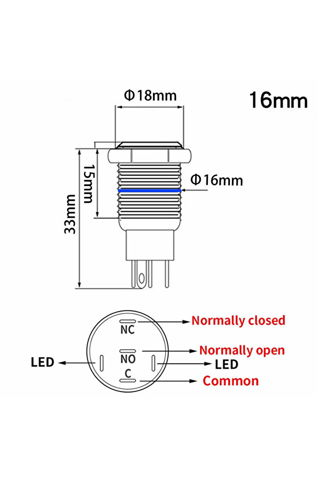 16mm Kırmızı Power Sembol Ledli Kablolu Push Tip Metal Button  Panel Montaj Düz Kafa NO NC DC - 8