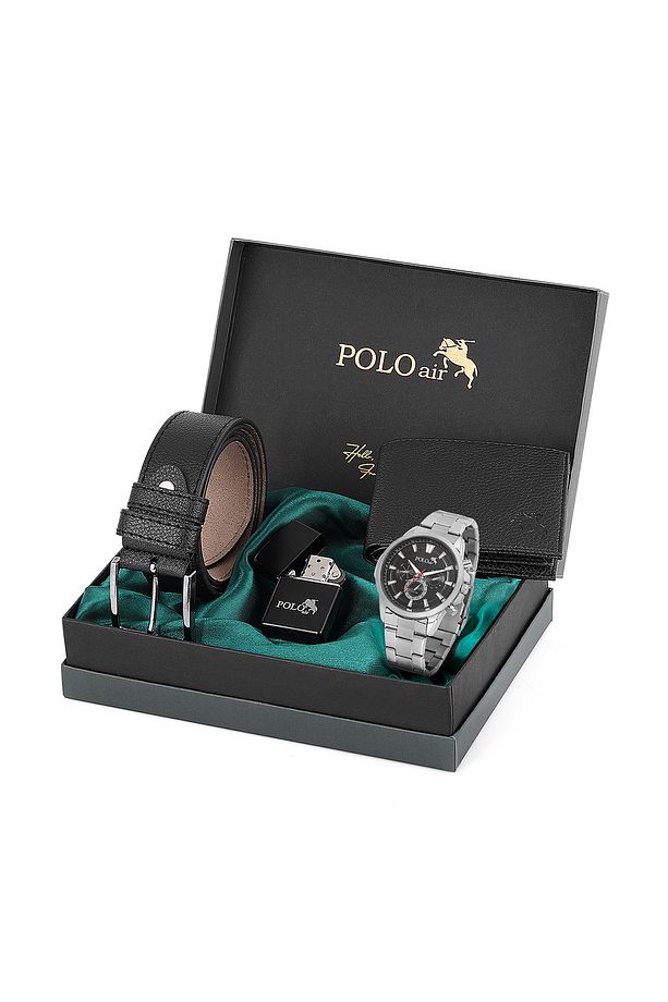 Erkek Set Kombin Kemer Cüzdan Çakmak Kol Saati Hediyelik Kutusunda Siyah Set PL-0969E1 - 1