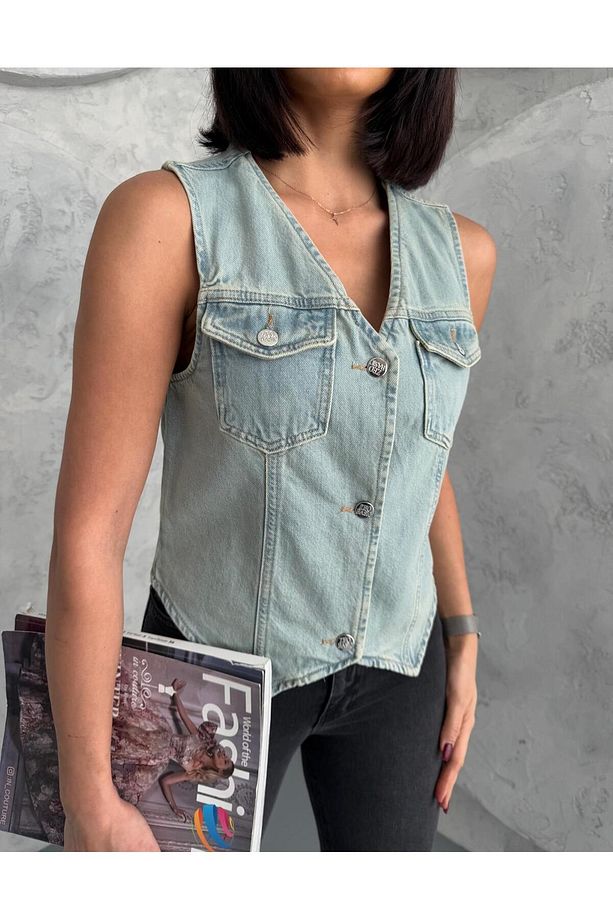 DÜĞMELİ V YAKA TİNT DENIM YELEK - 8