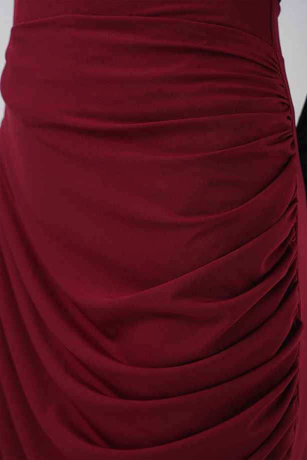 8035 Büzgülü Midi Etek - Bordo - 5